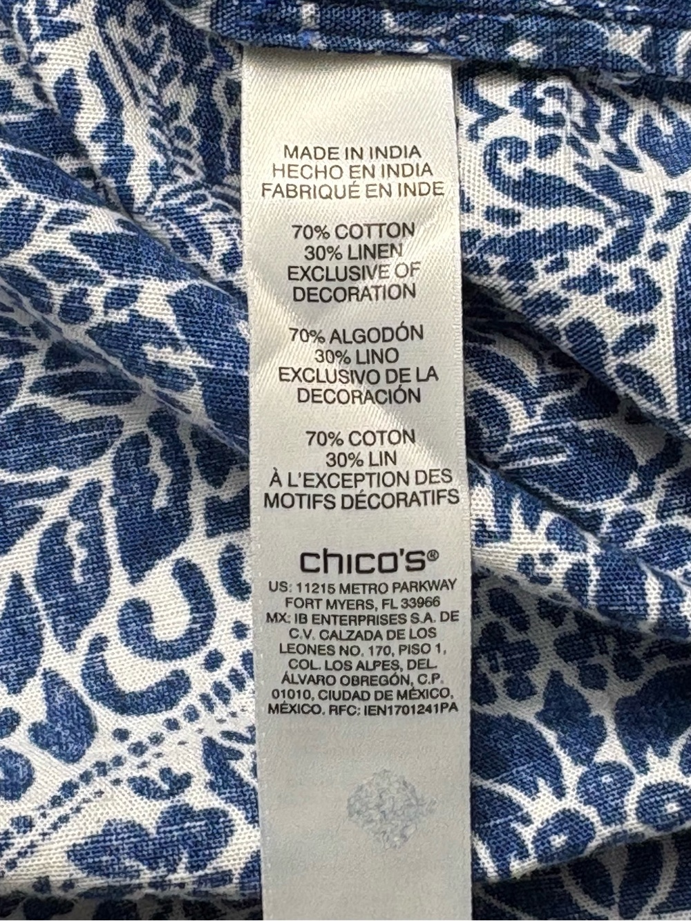 Chico's Blue White Embroidered Tunic Popover Top Linen Blend Size 3/US XL - Picture 10 of 11